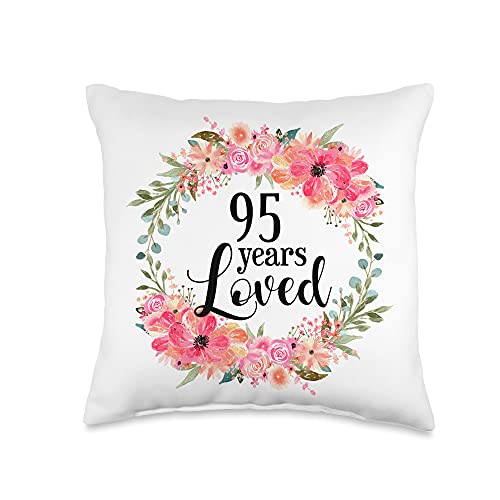 Floral 90 Years Loved Mom Grandma Birthday Gift Floral Loved 95 Year Old Grandma 95th Birthday Gift Throw Pillow, 16x16, Multicolor