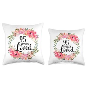 Floral 90 Years Loved Mom Grandma Birthday Gift Floral Loved 95 Year Old Grandma 95th Birthday Gift Throw Pillow, 16x16, Multicolor