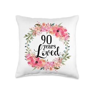 floral 90 years loved mom grandma birthday gift floral loved 90 year old grandma 90th birthday gift throw pillow, 16x16, multicolor