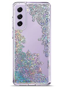 coolwee clear glitter for galaxy s21 fe case thin flower slim cute crystal lace bling shiny women girl floral plastic hard back soft tpu bumper protective cover for samsung galaxy s21 fe mandala henna