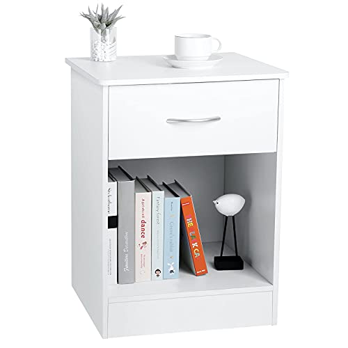 TUSY White Nightstand with Drawer, Bedside Table End Tables Living Room, File Cabinet Storage with Sliding Drawers and Shelf for Home Office