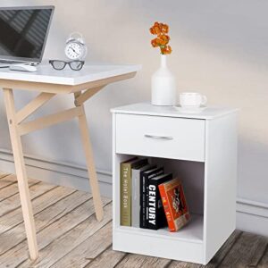 TUSY White Nightstand with Drawer, Bedside Table End Tables Living Room, File Cabinet Storage with Sliding Drawers and Shelf for Home Office