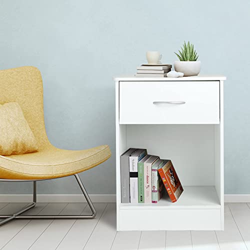 TUSY White Nightstand with Drawer, Bedside Table End Tables Living Room, File Cabinet Storage with Sliding Drawers and Shelf for Home Office