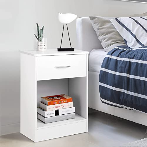 TUSY White Nightstand with Drawer, Bedside Table End Tables Living Room, File Cabinet Storage with Sliding Drawers and Shelf for Home Office