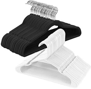 utopia home value pack of black velvet and white plastic hangers- ultra thin strong hangers with notches- no more slippage- space saving - pack of 100