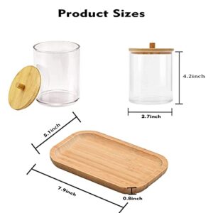 BAOFUFU Qtip Holder Bathroom Organizer Acrylic Apothecary Jars with Bamboo Tray for Cotton Ball Pad Holds Floss Small Items Bamboo Bathroom Accessories Restroom Organization 3Pack