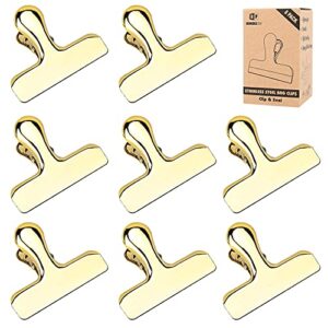 pack of 8 shiny gold bag clips, stainless steel and heavy duty metal bag clip,tightly seals chip, coffee, bread or cereal bags to keep food fresh, for home, kitchen, office, pantry, camping
