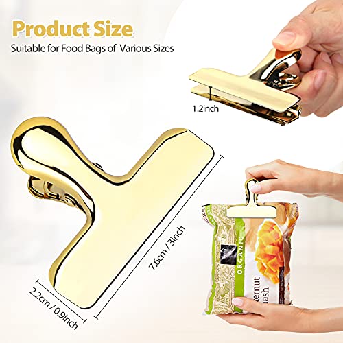 Pack of 8 Shiny Gold Bag Clips, Stainless Steel and Heavy Duty Metal Bag Clip,Tightly Seals Chip, Coffee, Bread or Cereal Bags to Keep Food Fresh, for Home, Kitchen, Office, Pantry, Camping
