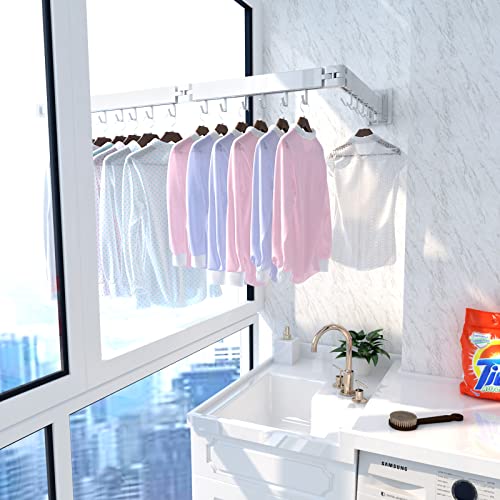 Kelisiting Retractable Clothes Drying Rack-3 Fold White Laundry Drying Rack,Wall Mounted Clothes Hanger,Space Saver,Foldable Durable,for Balcony,Laundry,Bathroom,Patio,Apartment,Dormitory