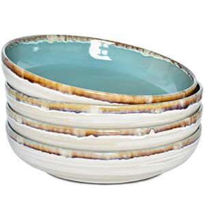 Bosmarlin Stoneware Large Pasta Bowls, 40 Oz, Set of 4, Big Salad Bowls, Microwave and Dishwasher Safe (Turquoise Green, 9.3 in)