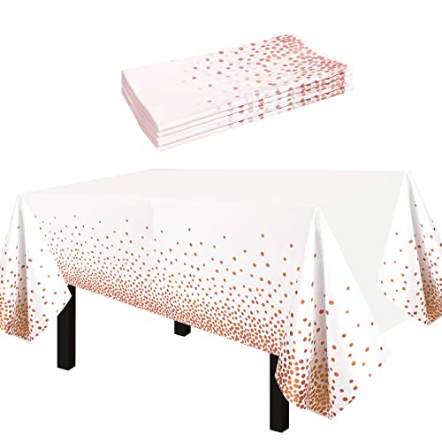 FECEDY 5 Packs 54 x 108inch Disposable Plastic Table Cover Waterproof for Rectangle Tables White Background with Rose Gold dot Indoor & Outdoor Birthdays Anniversary Buffet Party Decorations