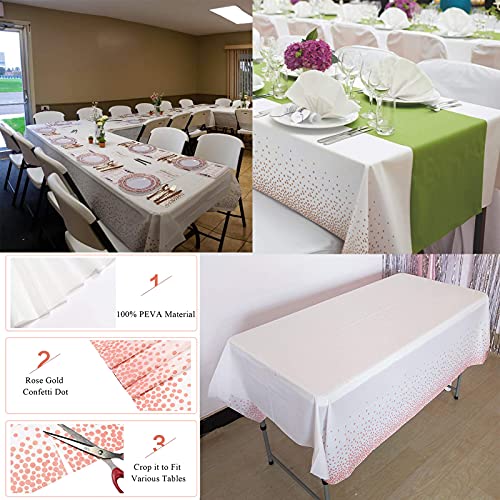 FECEDY 5 Packs 54 x 108inch Disposable Plastic Table Cover Waterproof for Rectangle Tables White Background with Rose Gold dot Indoor & Outdoor Birthdays Anniversary Buffet Party Decorations