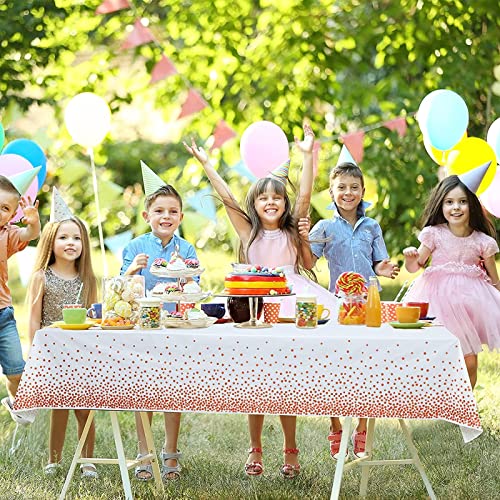 FECEDY 5 Packs 54 x 108inch Disposable Plastic Table Cover Waterproof for Rectangle Tables White Background with Rose Gold dot Indoor & Outdoor Birthdays Anniversary Buffet Party Decorations