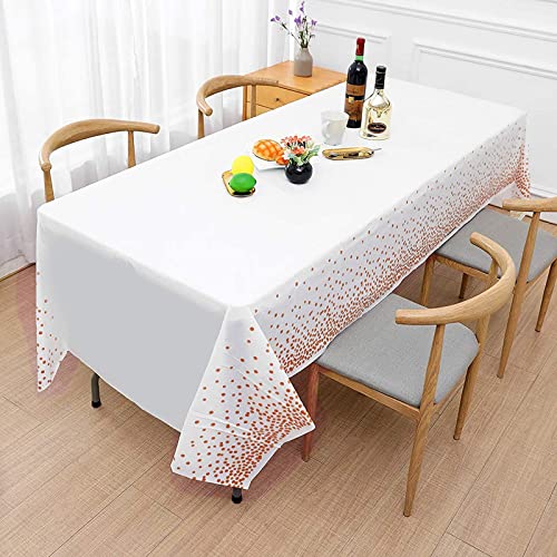 FECEDY 5 Packs 54 x 108inch Disposable Plastic Table Cover Waterproof for Rectangle Tables White Background with Rose Gold dot Indoor & Outdoor Birthdays Anniversary Buffet Party Decorations