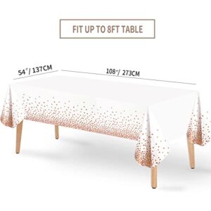 FECEDY 5 Packs 54 x 108inch Disposable Plastic Table Cover Waterproof for Rectangle Tables White Background with Rose Gold dot Indoor & Outdoor Birthdays Anniversary Buffet Party Decorations