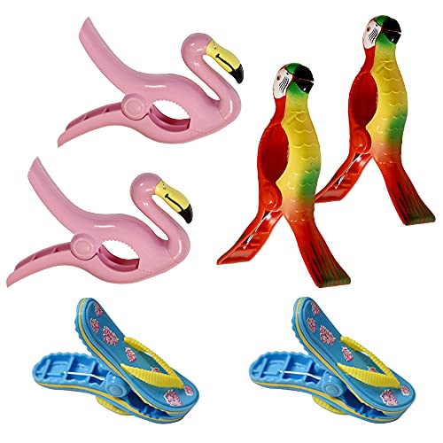 6 PiecesFlip Flop BocaClips Flamingo Beach Towel Clip Parrot Towel Holder Clothes Pegs Beach Towel Clip Towel Pin in Bright Color Jumbo Size for Clothes Quilt Blanket Home Patio Pool Chair