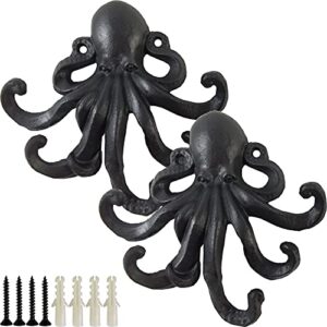 ronyoung 2pcs heavy duty decorative octopus hook- wall mounted coat hooks/ solid cast iron unique key holders/ home decor (black)