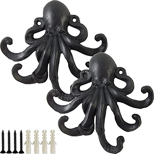 RONYOUNG 2PCS Heavy Duty Decorative Octopus Hook- Wall Mounted Coat Hooks/ Solid Cast Iron Unique Key Holders/ Home Decor (Black)