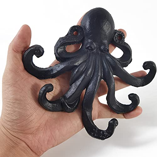 RONYOUNG 2PCS Heavy Duty Decorative Octopus Hook- Wall Mounted Coat Hooks/ Solid Cast Iron Unique Key Holders/ Home Decor (Black)