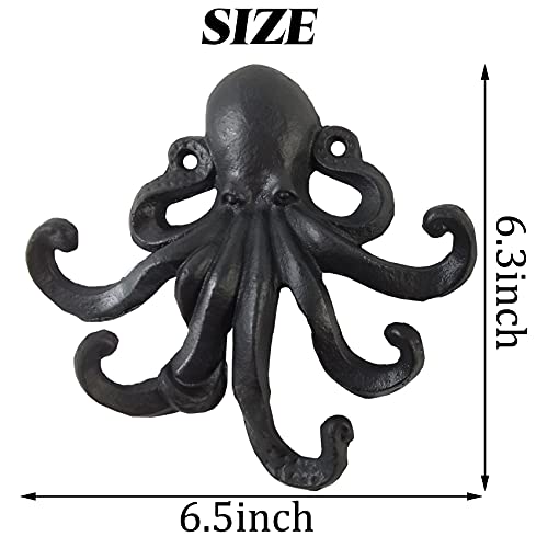 RONYOUNG 2PCS Heavy Duty Decorative Octopus Hook- Wall Mounted Coat Hooks/ Solid Cast Iron Unique Key Holders/ Home Decor (Black)