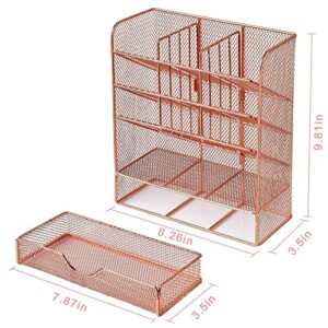 Spacrea Pen Holder Desk Organizer - Desk Organizers and Accessories, Pencil Holder with 10 Compartments and 1 Drawer（Rose Gold）