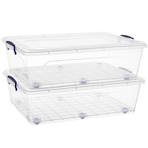 Superio Under Bed Storage Containers with Wheels (2 Pack), Flat Clear Storage Bin Stackable Large Storage Latch Box with Lids Store Cloths, Bedding, Linen, For Under The Bed, Garage, Home