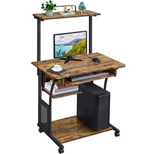 yaheetech 3 tiers rolling computer desk with keyboard tray and printer shelf for home office, mobile computer desk for small space, retro computer table compact pc laptop workstation, rustic brown