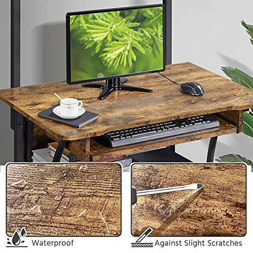 Yaheetech 3 Tiers Rolling Computer Desk with Keyboard Tray and Printer Shelf for Home Office, Mobile Computer Desk for Small Space, Retro Computer Table Compact PC Laptop Workstation, Rustic Brown