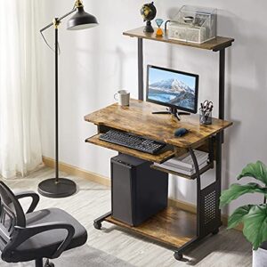 Yaheetech 3 Tiers Rolling Computer Desk with Keyboard Tray and Printer Shelf for Home Office, Mobile Computer Desk for Small Space, Retro Computer Table Compact PC Laptop Workstation, Rustic Brown