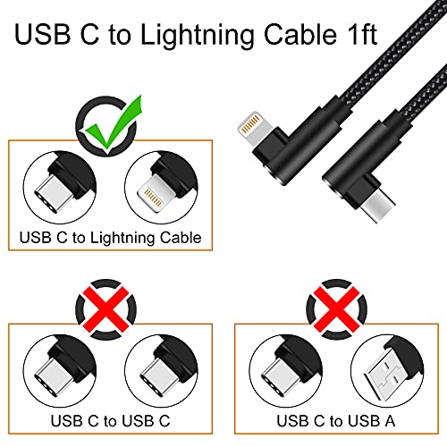 Osecet USB C to Lightning Cable 1ft 3 Pack MFi Certified Right Angle iPhone Charger 90 Degree Elbow Braided Lightning to USB C Cable for iPhone 13 12 11 Pro X XS XR 8 Plus 7 6 5 (Black)