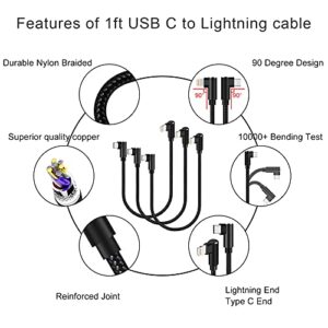 Osecet USB C to Lightning Cable 1ft 3 Pack MFi Certified Right Angle iPhone Charger 90 Degree Elbow Braided Lightning to USB C Cable for iPhone 13 12 11 Pro X XS XR 8 Plus 7 6 5 (Black)