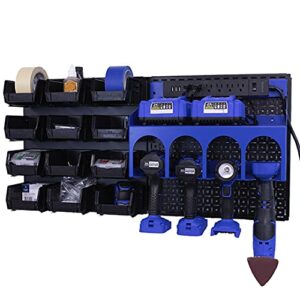 omniwall powerstation- 32"x16" metal pegboard wall storage with bin storage for cordless drills black/blue