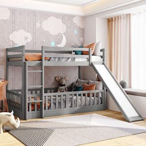 Twin Over Twin Low Bunk Bed for Kids, Ladder and Slide Can Be Interchanged or Remove, Solid Wood Bunk Bed Can Be Converted into Loft Bed (Gray + Fence Can Be Deleted)