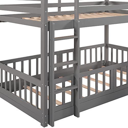 Twin Over Twin Low Bunk Bed for Kids, Ladder and Slide Can Be Interchanged or Remove, Solid Wood Bunk Bed Can Be Converted into Loft Bed (Gray + Fence Can Be Deleted)