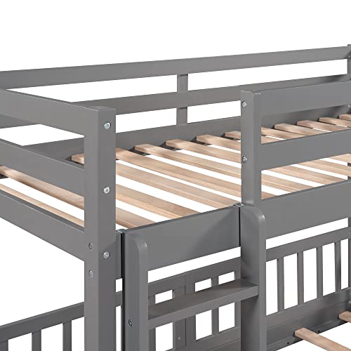 Twin Over Twin Low Bunk Bed for Kids, Ladder and Slide Can Be Interchanged or Remove, Solid Wood Bunk Bed Can Be Converted into Loft Bed (Gray + Fence Can Be Deleted)