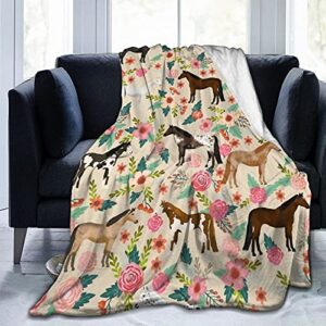 knsoiv rustic flannel plush throw blanket, horses floral horse breeds farm animal pets blankets for all seasons, thick air conditioning blanket 50"x40"