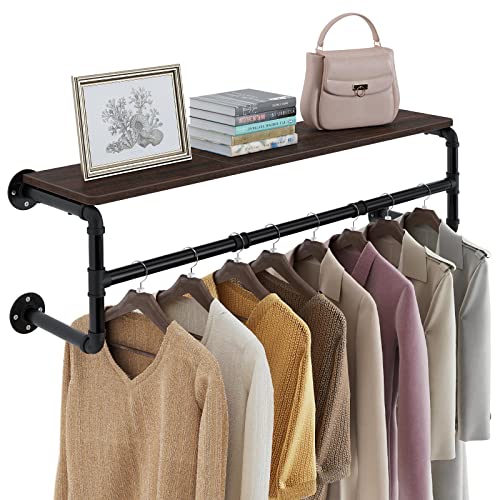 GREENSTELL Clothes Rack with Top Shelf, 45.5in Industrial Pipe Wall Mounted Garment Rack, Space-Saving Display Hanging Clothes Rack, Heavy Duty Detachable Multi-Purpose Hanging Rod for Closet Storage