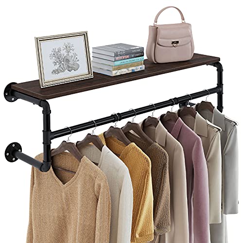 GREENSTELL Clothes Rack with Top Shelf, 45.5in Industrial Pipe Wall Mounted Garment Rack, Space-Saving Display Hanging Clothes Rack, Heavy Duty Detachable Multi-Purpose Hanging Rod for Closet Storage