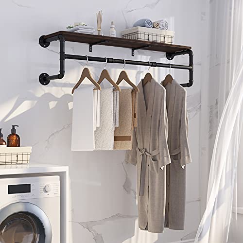 GREENSTELL Clothes Rack with Top Shelf, 45.5in Industrial Pipe Wall Mounted Garment Rack, Space-Saving Display Hanging Clothes Rack, Heavy Duty Detachable Multi-Purpose Hanging Rod for Closet Storage