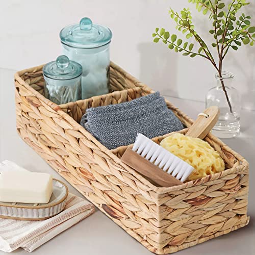 Motifeur Toilet Tank Top Storage - Bathroom Tray 3 Compartment Hand-Woven Water Hyacinth Wicker Basket