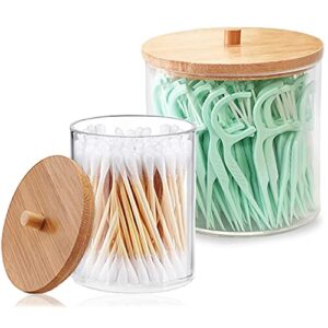 baofufu 2 pieces acrylic qtip holder with bamboo lids, clear round apothecary jars bathroom organizer for cotton swab ball holds bathroom jars dispenser restroom storage 15/20 ounce