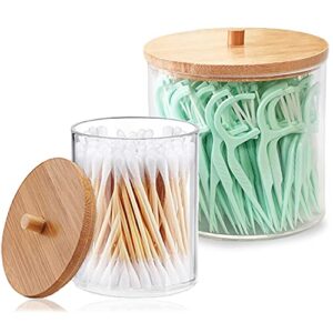 BAOFUFU 2 Pieces Acrylic Qtip Holder with Bamboo Lids, Clear Round Apothecary Jars Bathroom Organizer for Cotton Swab Ball Holds Bathroom Jars Dispenser Restroom Storage 15/20 Ounce