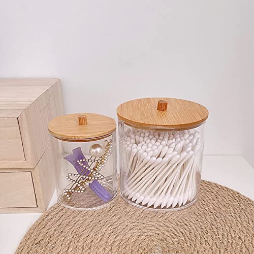 BAOFUFU 2 Pieces Acrylic Qtip Holder with Bamboo Lids, Clear Round Apothecary Jars Bathroom Organizer for Cotton Swab Ball Holds Bathroom Jars Dispenser Restroom Storage 15/20 Ounce