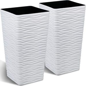 worth garden 2-pack tall tapered planter - plastic white square plant pots - 22" tall large tree planter - modern matte wavy flower pot for indoor outdoor porch deck
