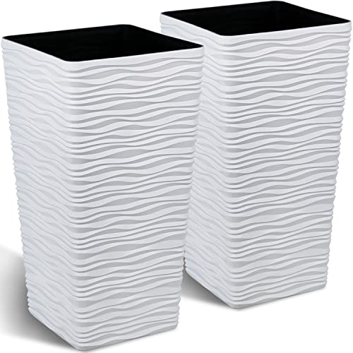 Worth Garden 2-Pack Tall Tapered Planter - Plastic White Square Plant Pots - 22" Tall Large Tree Planter - Modern Matte Wavy Flower Pot for Indoor Outdoor Porch Deck