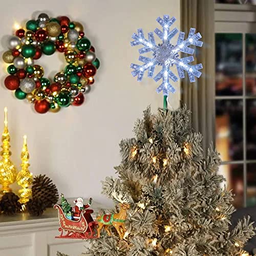 Dazzle Bright Snowflake Christmas Tree Topper, 9 inch Christmas Tree Topper Ornament with 15 White LED Lights, Lighted Tree Topper Christmas Decorations for Xmas Indoor Holiday Decor