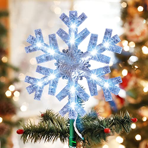 Dazzle Bright Snowflake Christmas Tree Topper, 9 inch Christmas Tree Topper Ornament with 15 White LED Lights, Lighted Tree Topper Christmas Decorations for Xmas Indoor Holiday Decor