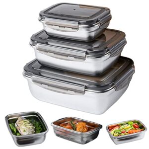 stainless steel food storage container with lids 3pcs set leak-proof large durable bento salad container , lunch box, for kimchi, fruit and salad -home family, picnic, camping (black rectaugular)