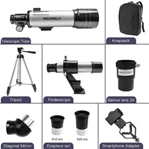 MOLIMOLLY 70mm Aperture 400mm AZ Mount Astronomical Refractor Telescopes for Adults and Kids Fully Multi-Coated Optics Astronomy Refractor Telescope with Tripod Smartphone Adapter Backpack