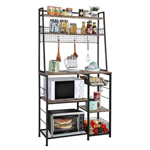kitchen baker’s rack with storage coffee bar station, 68inch microwave oven stand with pull-out wire basket 12 hooks,5 tier storage shelf with mesh panels for utensils, pots, pans, spices